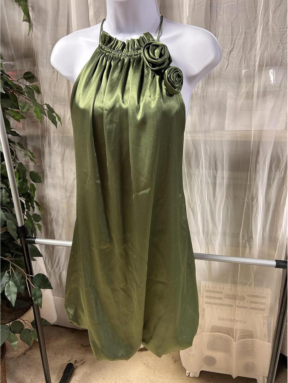 Jump Apparel Olive Green Halter Floral Rosette Bubble Cocktail Dress Size 7-8